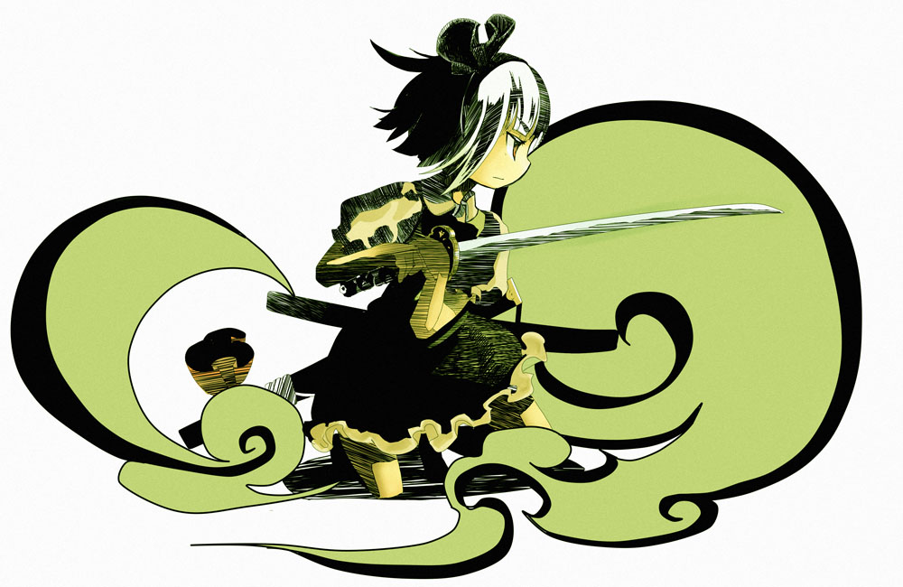 suzuki ritsu, konpaku youmu, konpaku youmu (ghost), touhou, 1girl, female focus, hitodama, katana, short hair, solo, sword, weapon, white hair