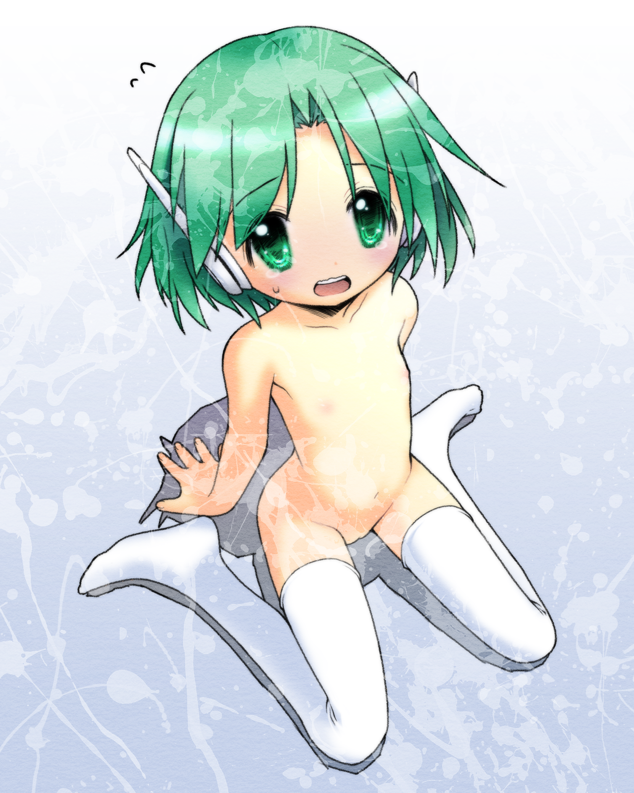 kurosu tsugutoshi, multi (to heart), to heart, to heart (series), highres, 1girl, arm support, blush, female focus, flat chest, green eyes, green hair, loli, matching hair/eyes, navel, nipples, nude, pussy, robot ears, solo, tears, thighhighs