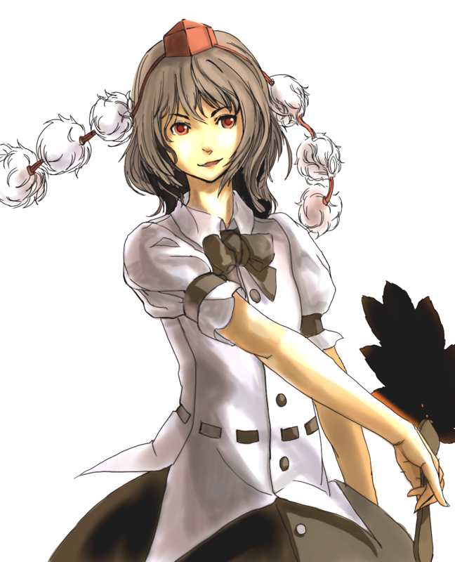 suzuki ritsu, shameimaru aya, touhou, 1girl, brown hair, female focus, hat, red eyes, simple background, solo, standing, tengu, white background