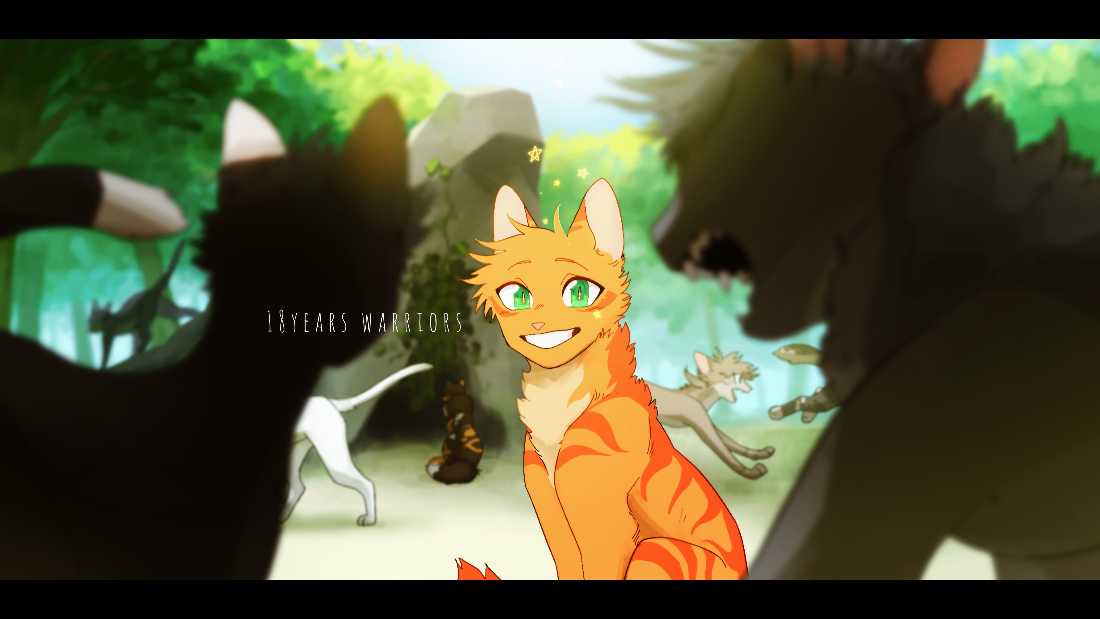 neko gokoro, firestar (warrior cats), the prophecies begin, warrior cats, absurdres, character request, check character, commentary request, highres, animal, animal focus, anniversary, cat, dustpelt, english text, graystripe, green eyes, grin, letterboxed, nature, no humans, orange cat, outdoors, ravenpaw, rock, sandstorm (warrior cats), smile, spottedleaf, tree, whitestorm