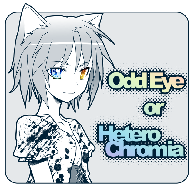 kurosu tsugutoshi, original, 1girl, animal ears, cat ears, english text, female focus, halftone, heterochromia, monochrome, rounded corners, short hair, solo, spot color