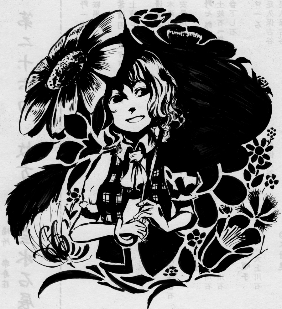 suzuki ritsu, kazami yuuka, touhou, traditional media, 1girl, ascot, female focus, flower, greyscale, head tilt, monochrome, parasol, plaid clothes, plaid vest, short hair, smile, solo, umbrella, vest