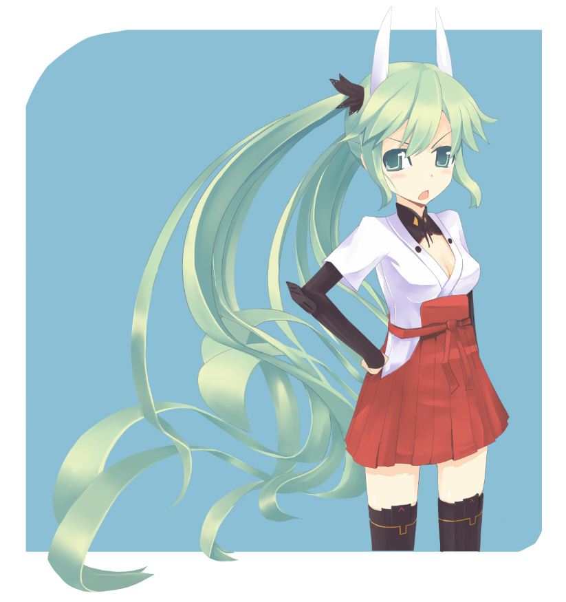 powhu, hatsune miku, strike witches, vocaloid, world witches series, bad id, bad pixiv id, 1girl, animal ears, female focus, green eyes, green hair, hand on own hip, hip focus, long hair, matching hair/eyes, parody, solo, thighhighs, twintails, very long hair
