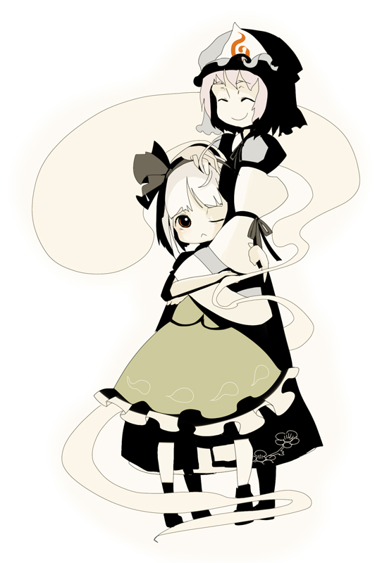 suzuki ritsu, konpaku youmu, konpaku youmu (ghost), saigyouji yuyuko, touhou, 2girls, female focus, hat, hitodama, multiple girls, pink hair, short hair