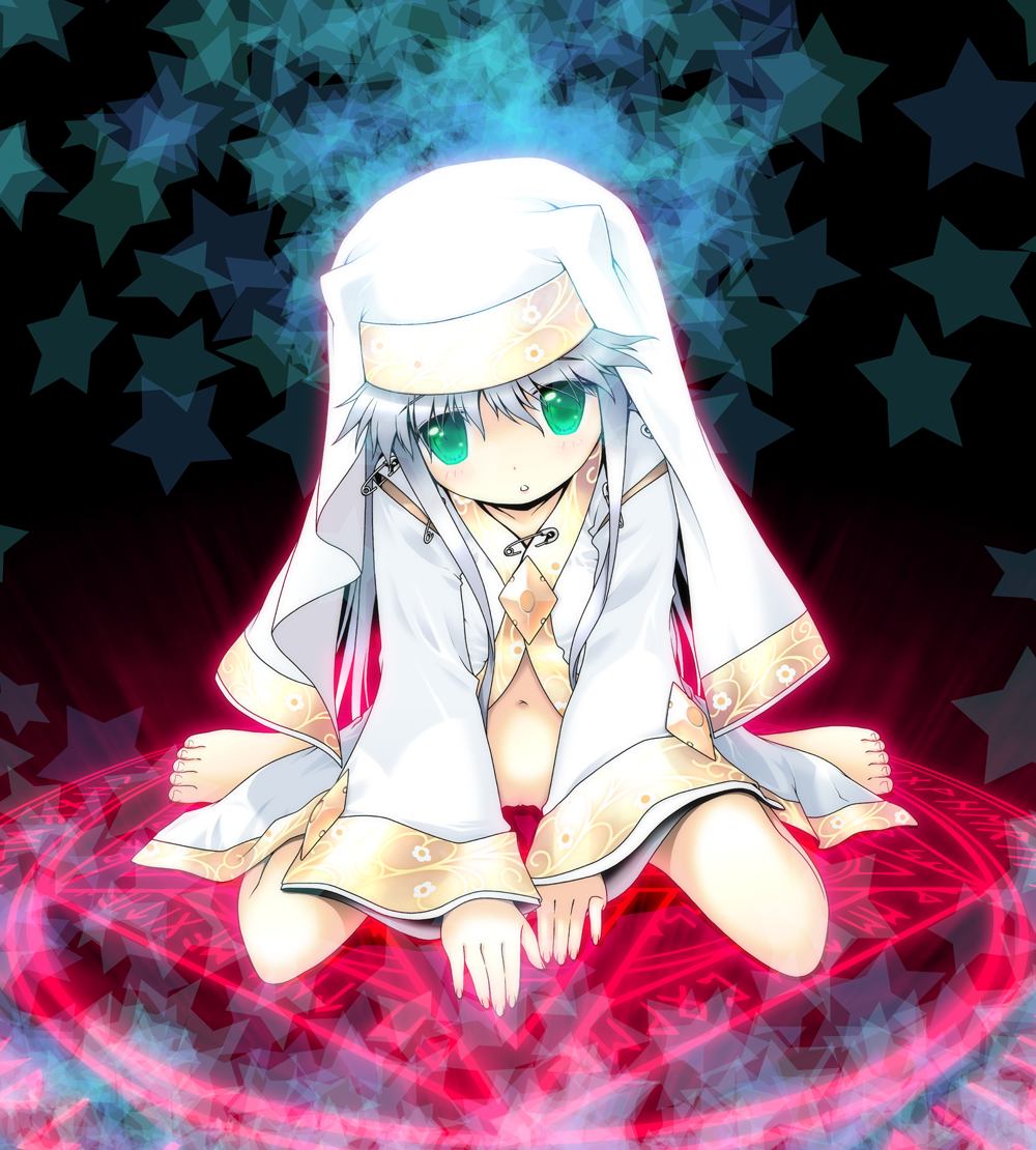 kurosu tsugutoshi, index (toaru majutsu no index), toaru majutsu no index, 00s, 1girl, barefoot, blue hair, bottomless, feet, female focus, green eyes, hat, long hair, magic circle, navel, no panties, pussy, robe, safety pin, sitting, solo