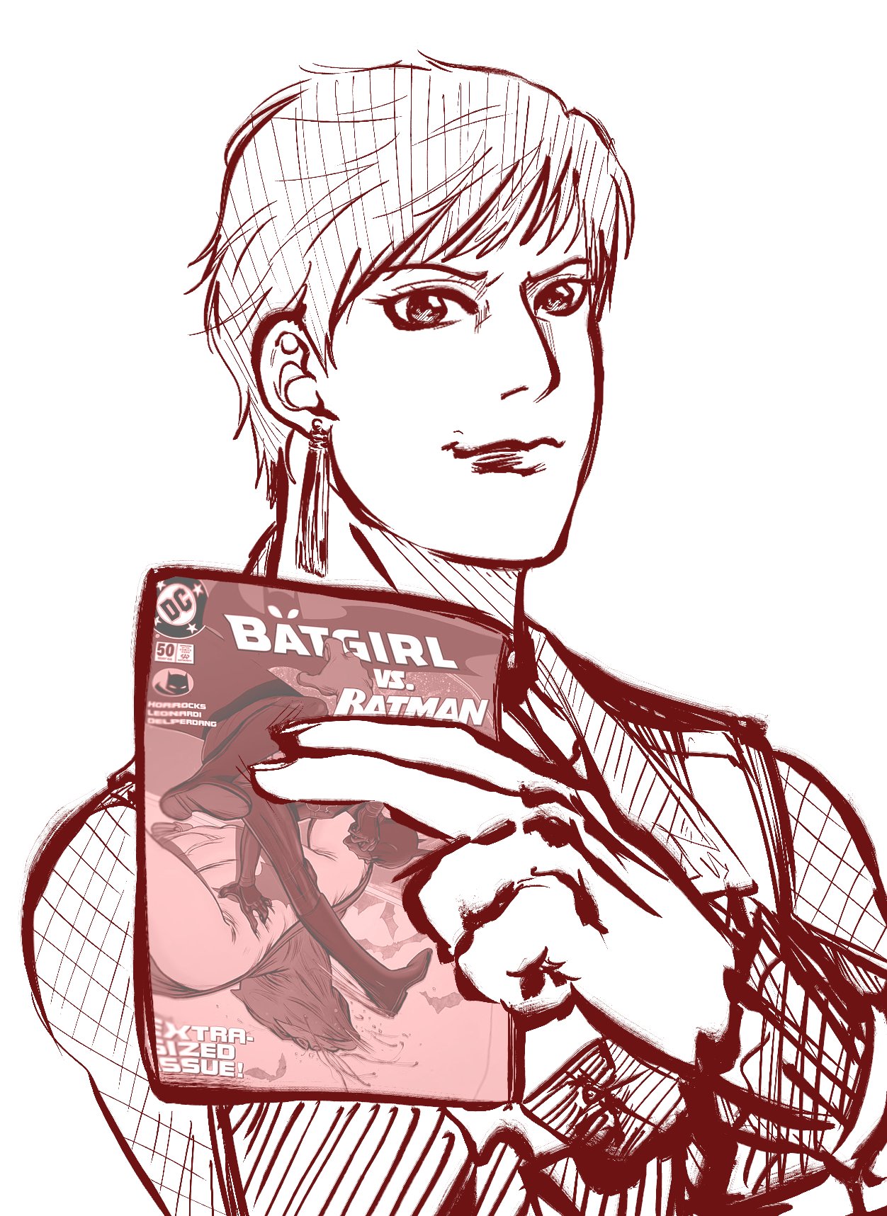 vice (kof), batman (series), dc comics, the king of fighters, 1girl, comic, d1scoparty, dress, earrings, female focus, formal clothes, hand up, jewelry, long sleeves, looking at viewer, short hair, smile, suit
