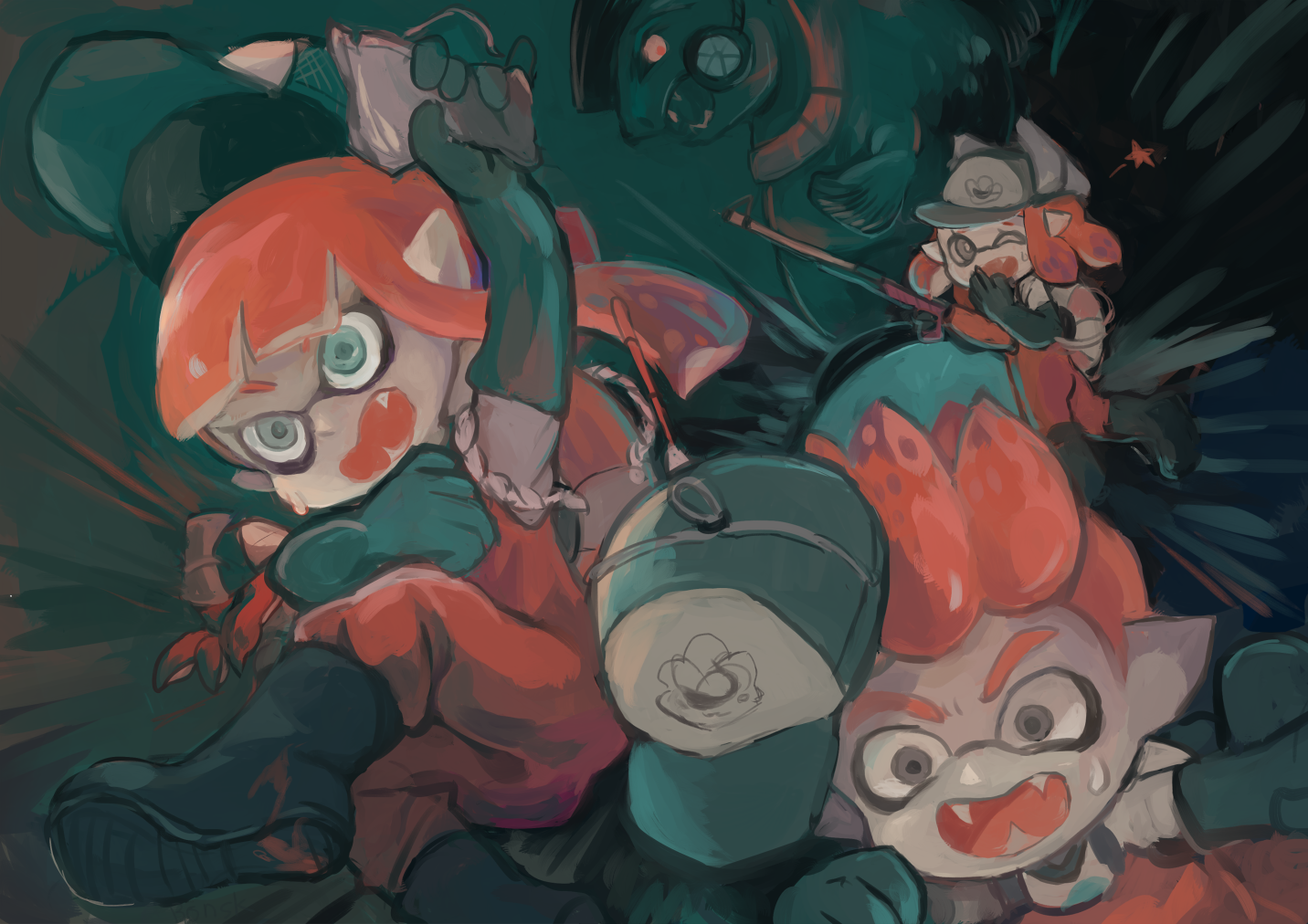 bonjiri nosuke, inkling boy, inkling girl, inkling player character, steelhead (splatoon), nintendo, splatoon (series), splatoon 2, 2boys, 2girls, aqua gloves, aqua hat, arm up, baseball cap, black boots, blunt bangs, boots, bright pupils, colored sclera, constricted pupils, covering own mouth, elbow gloves, failure, fang, fangs, fleeing, gloves, grey eyes, hand to own mouth, hand up, hands up, hat, hime cut, holding, holding weapon, inkling, jumpsuit, long hair, looking back, multiple boys, multiple girls, nervous sweating, one eye closed, open mouth, orange hair, orange jumpsuit, pointy ears, red eyes, salmon run (splatoon), scared, shirt, short hair, sidelocks, spiked hair, splat charger (splatoon), star (symbol), sweat, tentacle hair, tentacles, weapon, white pupils, white shirt, wide-eyed, yellow sclera