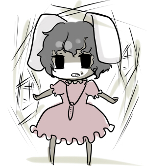 suzuki ritsu, inaba tewi, touhou, lowres, 1girl, angry, animal ears, chibi, female focus, rabbit ears, short hair, solo, standing, white background