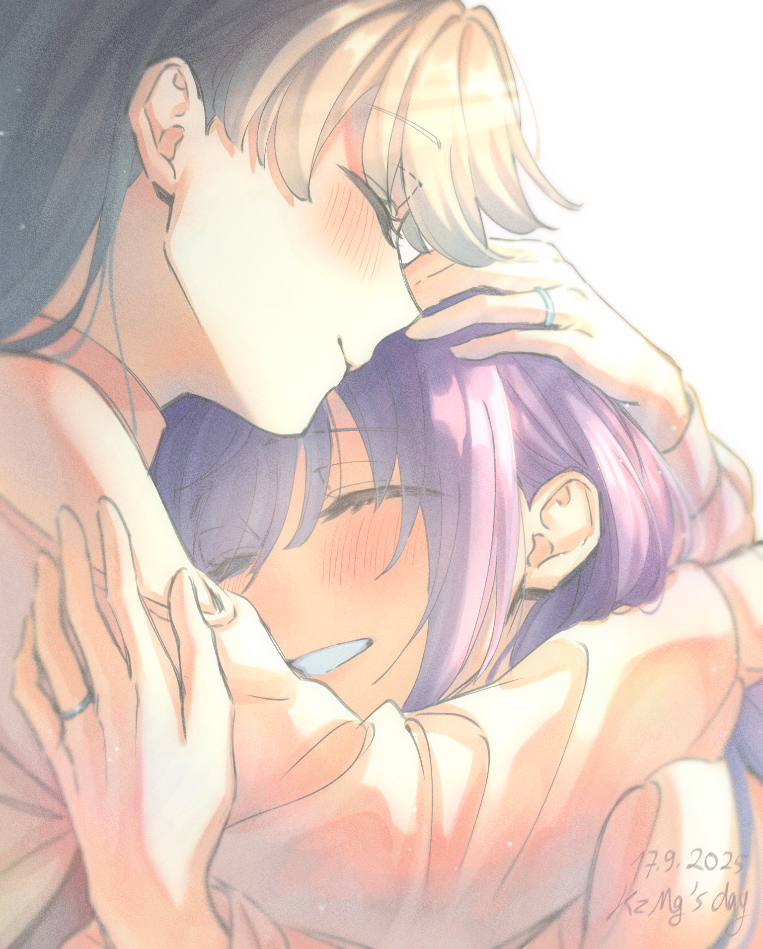 zenma trang, fujishima megumi, fujishima megumi (winter loungewear), otomune kozue, link! like! love live!, love live!, commentary, english commentary, highres, mixed-language commentary, 2girls, blush, brown hair, closed mouth, dated, english text, grin, hug, jewelry, long hair, long sleeves, multiple girls, mutual hug, purple hair, ring, sidelocks, smile, virtual youtuber, wedding ring, wife and wife, yuri