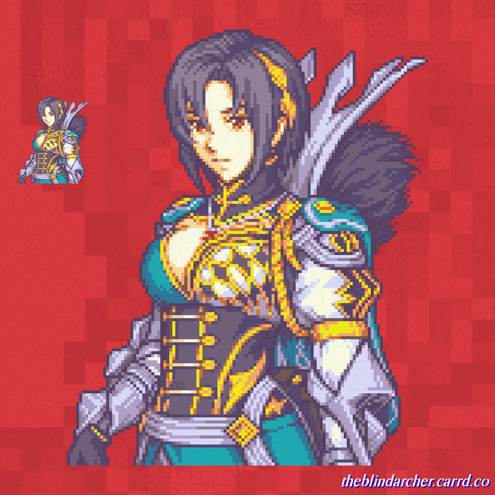theblindarcher, nel (fire emblem), fire emblem, fire emblem engage, nintendo, highres, 1girl, asymmetrical bangs, black hair, breasts, cleavage, closed mouth, fur trim, hair between eyes, jewelry, long sleeves, looking at viewer, medium breasts, necklace, pixel art, red eyes, solo