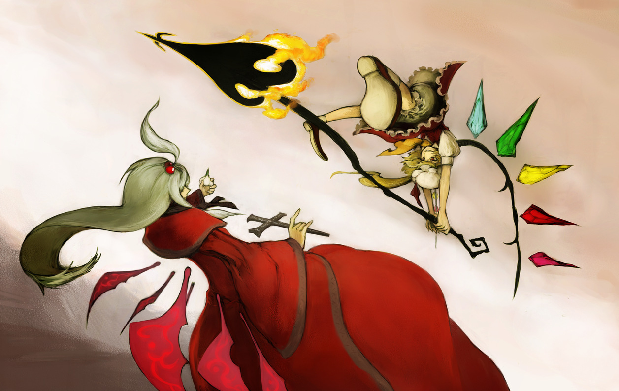 amagaya (rat-tat-tat), flandre scarlet, shinki (touhou), mystic square, touhou, touhou (pc-98), bad id, bad pixiv id, 2girls, battle, bloomers, cross, epic, female focus, garlic, laevatein, long hair, multiple girls, side ponytail, underwear, vampire, wings