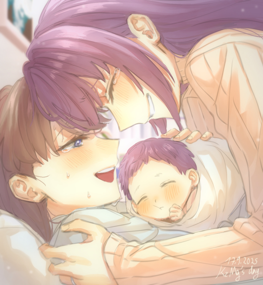 zenma trang, fujishima megumi, otomune kozue, link! like! love live!, love live!, commentary, english commentary, mixed-language commentary, 3girls, baby, baby carry, blush, brown hair, carrying, crying, dated, english text, grin, happy tears, if they mated, indoors, looking at another, lying, multiple girls, on back, open mouth, profile, purple eyes, ribbed sweater, science babies, sidelocks, smile, sweat, sweater, tearing up, tears, turtleneck, turtleneck sweater, virtual youtuber, white sweater, yuri