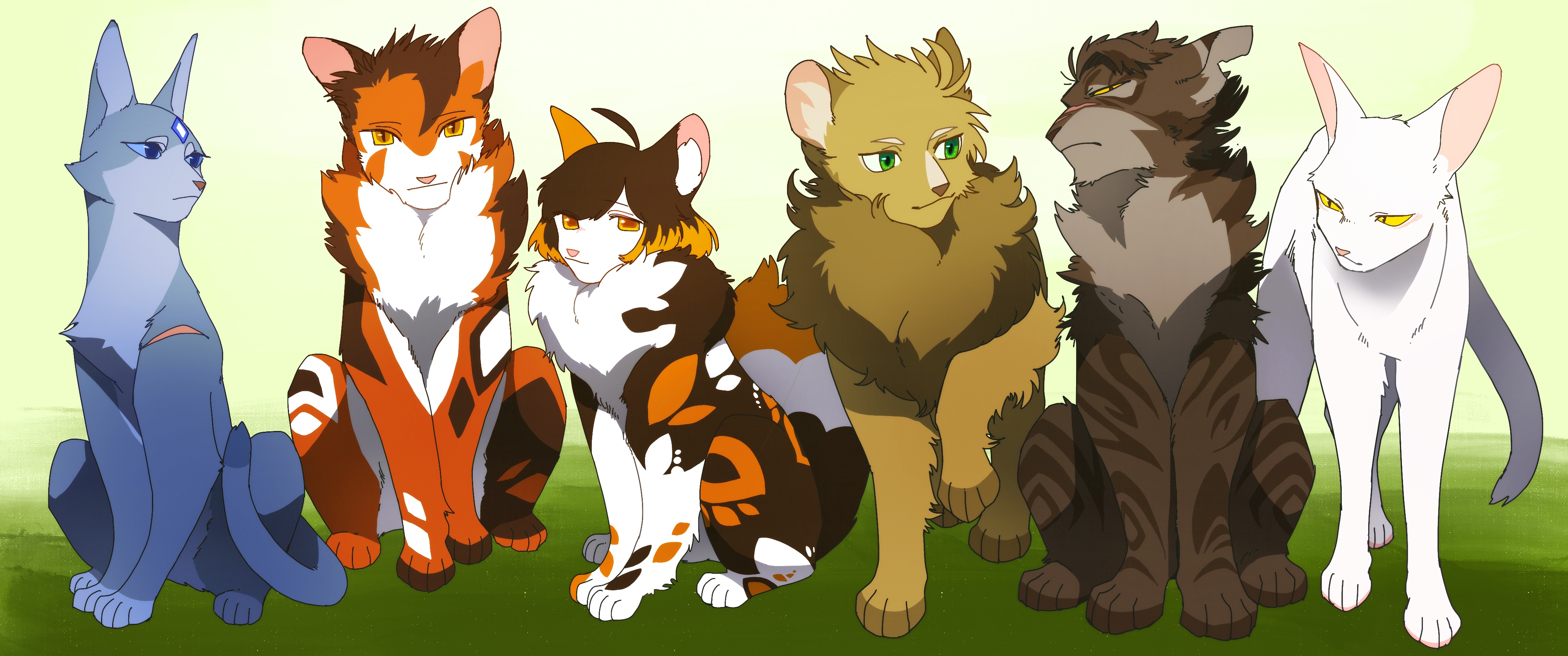 neko gokoro, the prophecies begin, warrior cats, absurdres, highres, ahoge, animal, animal focus, animal with hair, blue eyes, bluestar (warrior cats), calico (pattern), calico cat, cat, fluffy, lionheart (warrior cats), no humans, redtail (warrior cats), sitting, spottedleaf, star (symbol), tigerstar, whitestorm, yellow eyes