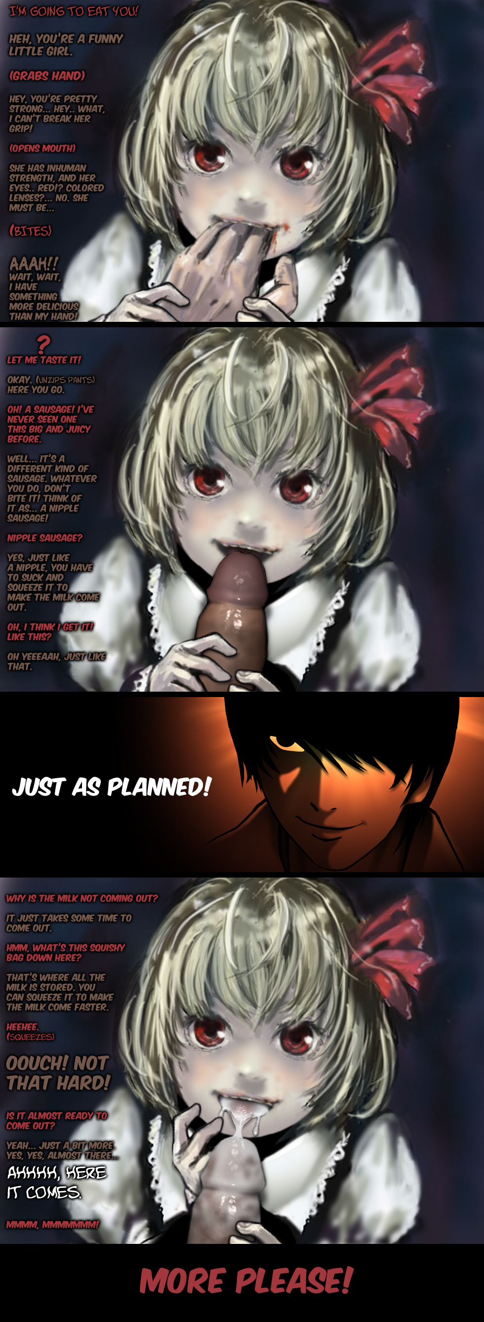 ryu (gaquarium), rumia, yagami light, death note, embodiment of scarlet devil, touhou, absurdres, hard-translated, highres, third-party edit, translated, 00s, 1boy, 1girl, blonde hair, blood, cum, cum in mouth, fellatio, good end, hetero, just as planned (meme), meme, oral, penis, red eyes, ribbon, short hair, uncensored
