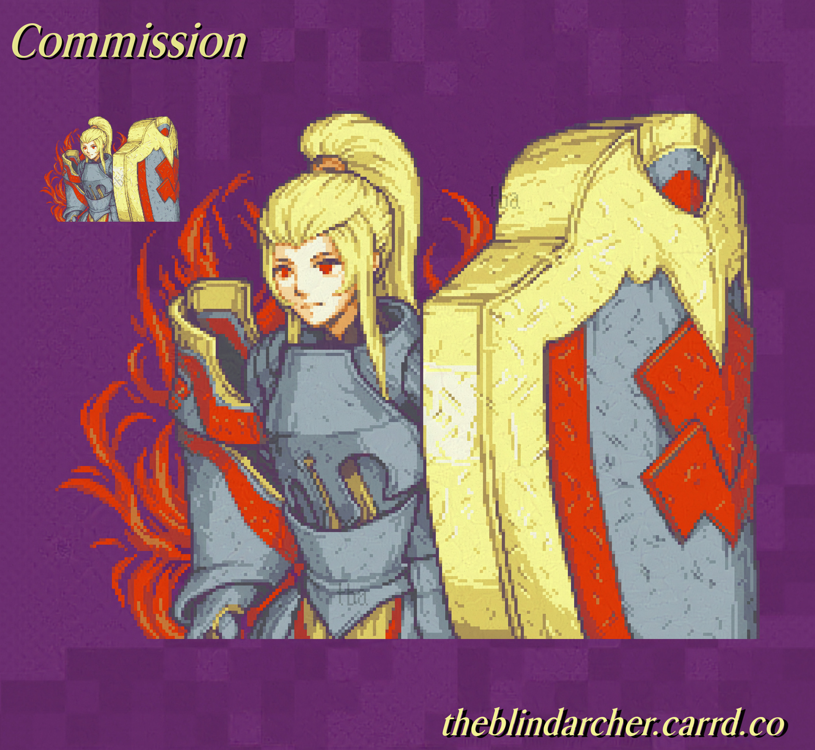theblindarcher, jade (fire emblem), fire emblem, fire emblem engage, nintendo, commission, highres, 1girl, armor, blonde hair, grey armor, hair slicked back, high ponytail, long hair, pixel art, plate armor, ponytail, sidelocks, solo, very long hair, yellow eyes