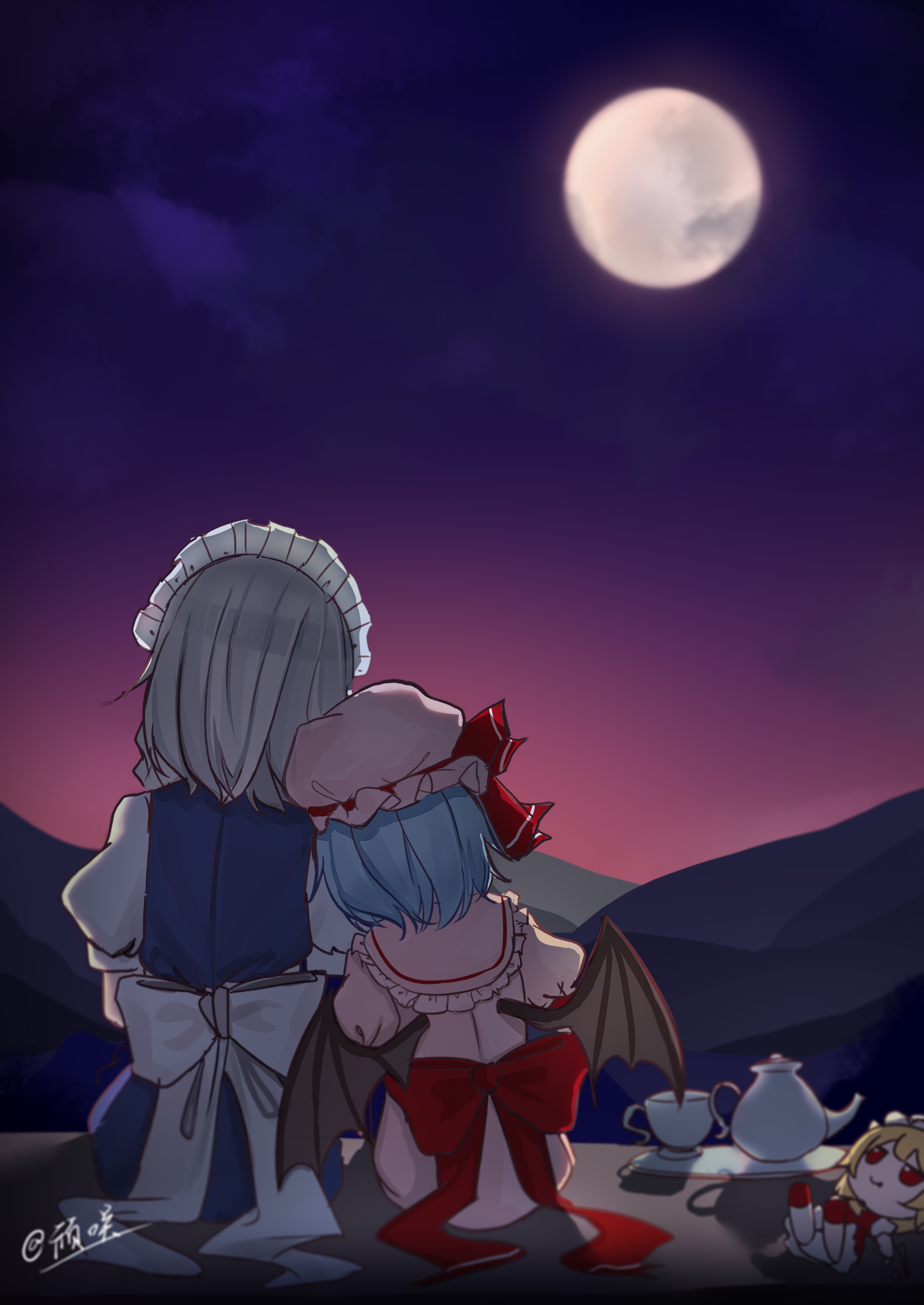 2091966, flandre scarlet, izayoi sakuya, remilia scarlet, touhou, absurdres, highres, 2girls, artist name, bat wings, blue dress, bow, cloud, collar, cup, dress, dusk, frilled collar, frilled hat, frills, full moon, fumo (doll), grey hair, hand on another's shoulder, hat, hat ribbon, maid headdress, mid-autumn festival, mob cap, moon, multiple girls, night, night sky, on ground, pink dress, pink hat, plate, puffy short sleeves, puffy sleeves, purple hair, red bow, red ribbon, ribbon, shirt, short hair, short sleeves, signature, sitting, sky, sleeveless, sleeveless dress, teapot, waist bow, white bow, white shirt, wings