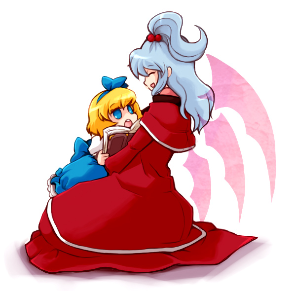 kty (04), alice margatroid, alice margatroid (pc-98), shinki (touhou), mystic square, touhou, touhou (pc-98), silver hair, 2girls, :o, blonde hair, blue bow, blue eyes, blue hairband, blue skirt, book, bow, capelet, child, dress, female focus, hair bobbles, hair ornament, hairband, long sleeves, medium hair, multiple girls, multiple wings, open book, puffy short sleeves, puffy sleeves, red dress, sash, short hair, short sleeves, side ponytail, sitting, skirt, skirt set, teeth, white background, wings