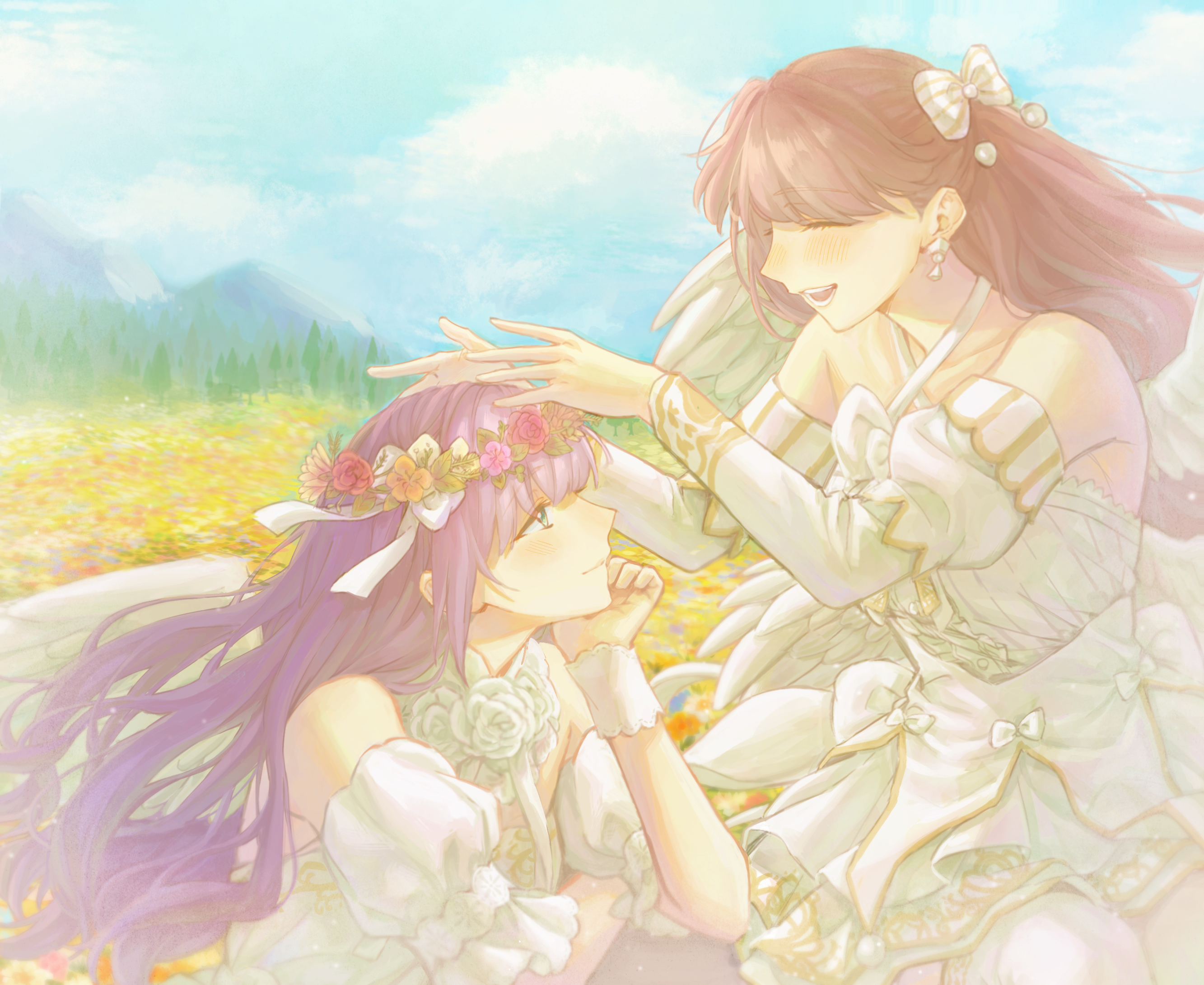zenma trang, fujishima megumi, otomune kozue, link! like! love live!, love live!, commentary, highres, 2girls, angel, angel wings, bare shoulders, blue sky, blush, bow, brown hair, closed eyes, cloud, dated, day, detached sleeves, dress, english text, ether aria (love live!), facing another, field, flower, flower field, flower wreath, green eyes, hair bow, hand on own chin, head wreath, juliet sleeves, long hair, long sleeves, looking at another, multiple girls, nose blush, official alternate costume, outdoors, profile, puffy short sleeves, puffy sleeves, purple hair, short sleeves, sidelocks, simple background, sky, sleeveless, sleeveless dress, smile, virtual youtuber, white background, white bow, white dress, wings, yuri