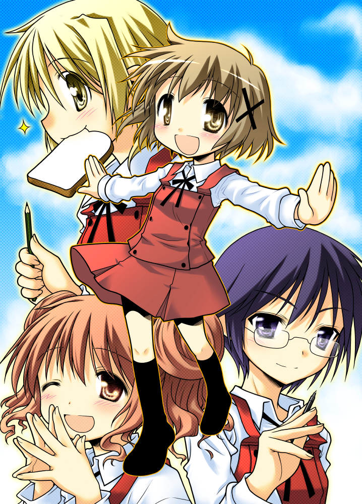 kurosu tsugutoshi, hiro (hidamari sketch), miyako (hidamari sketch), sae (hidamari sketch), yuno (hidamari sketch), hidamari sketch, 00s, 4girls, blonde hair, blue eyes, blue hair, bread, brown eyes, brown hair, double bun, food, glasses, hair bun, kneehighs, multiple girls, one eye closed, pencil, red eyes, red hair, short hair, socks, wink, wooden pencil, yellow eyes
