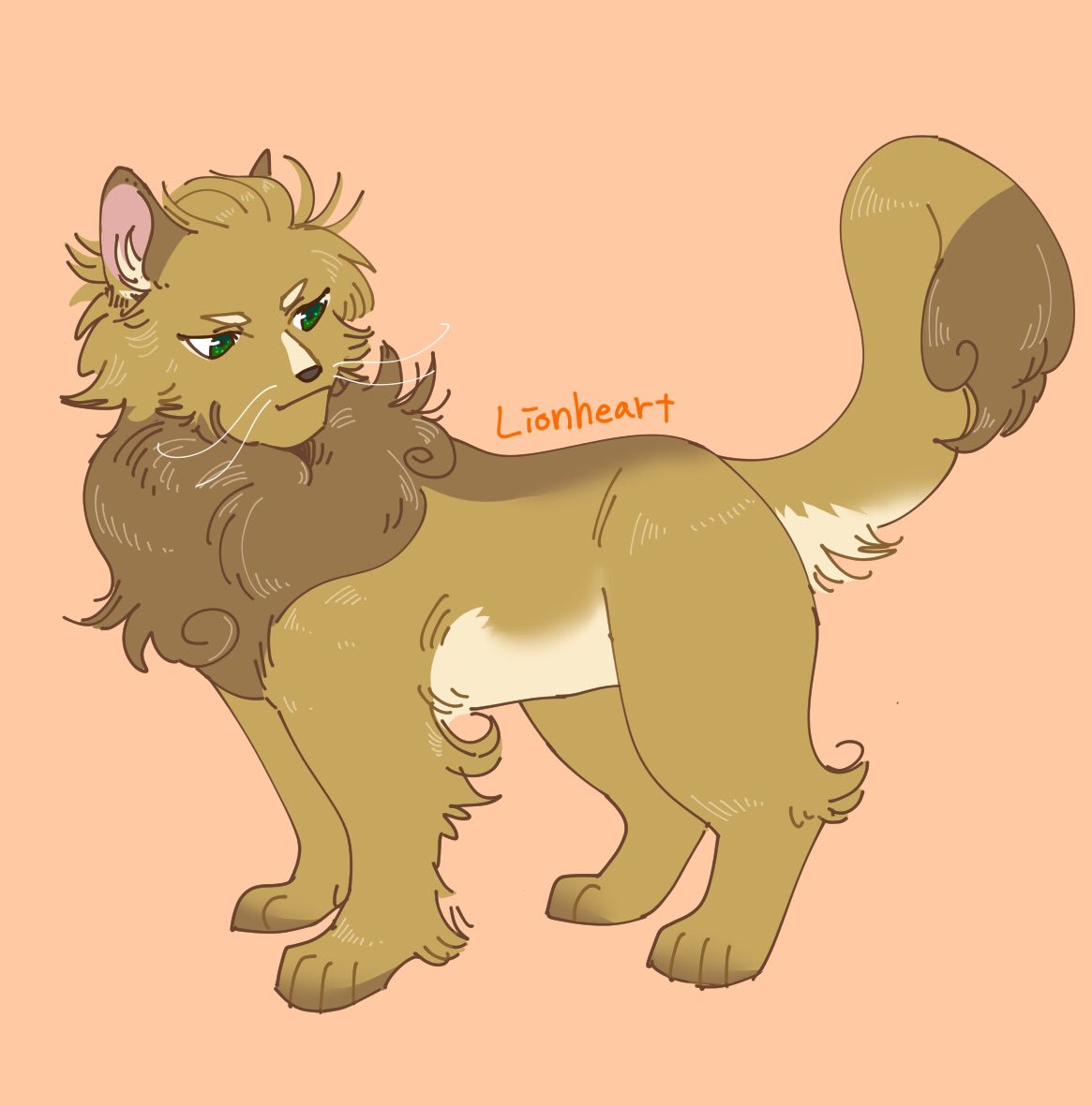 neko gokoro, the prophecies begin, warrior cats, commentary request, animal, animal focus, cat, character name, fluffy, full body, green eyes, lionheart (warrior cats), no humans, orange background, simple background, solo, whiskers, yellow cat