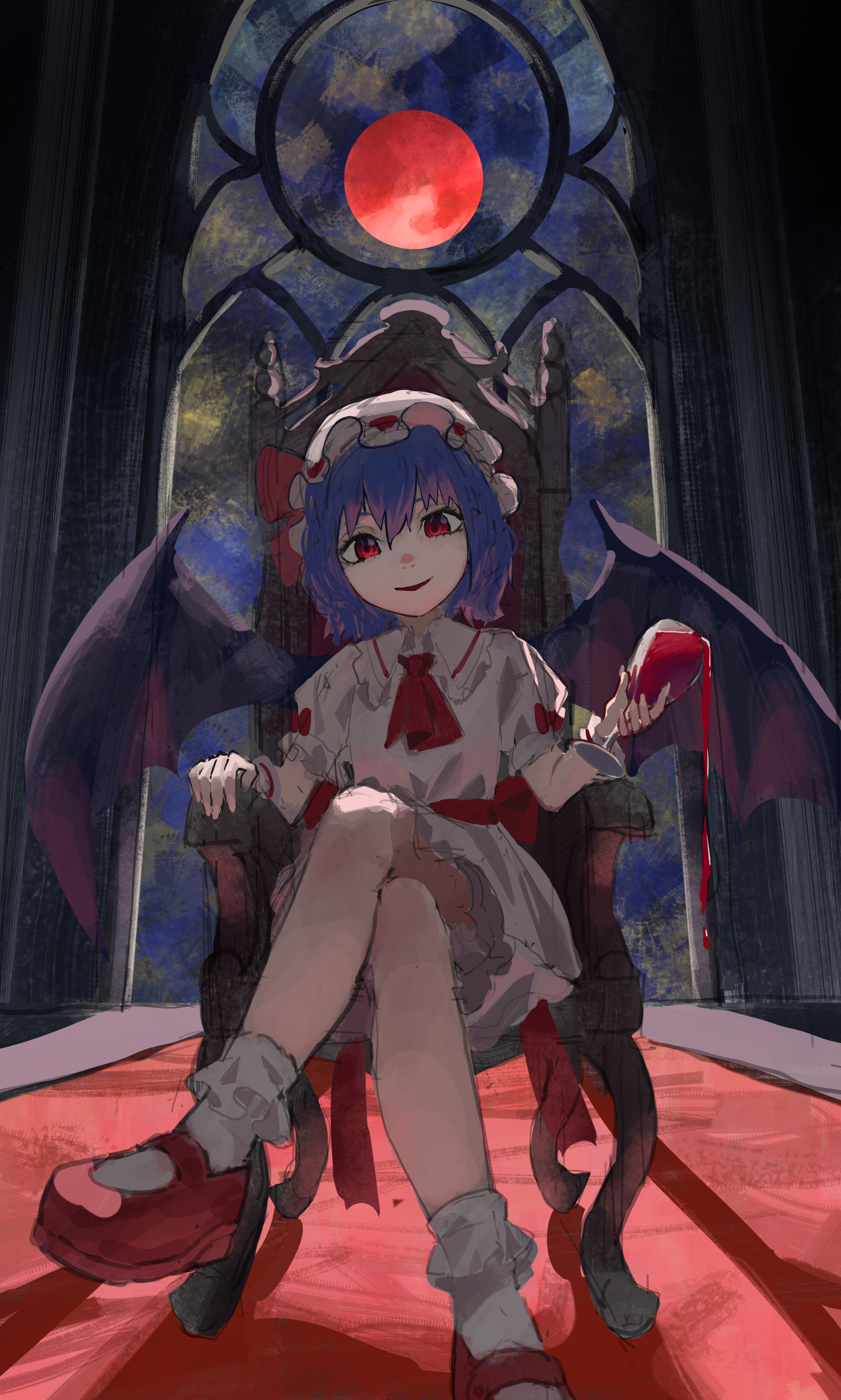 remilia scarlet, touhou, absurdres, highres, 1girl, ambiguous red liquid, ascot, bat wings, blood, bobby socks, collar, crossed legs, cup, dress, frilled collar, frilled sleeves, frills, full moon, hit0li111, holding, holding cup, looking at viewer, moon, parted lips, puffy short sleeves, puffy sleeves, purple hair, red ascot, red carpet, red eyes, red moon, red shoes, shoes, short hair, short sleeves, sitting, smile, socks, solo, spill, throne, white dress, white socks, wings