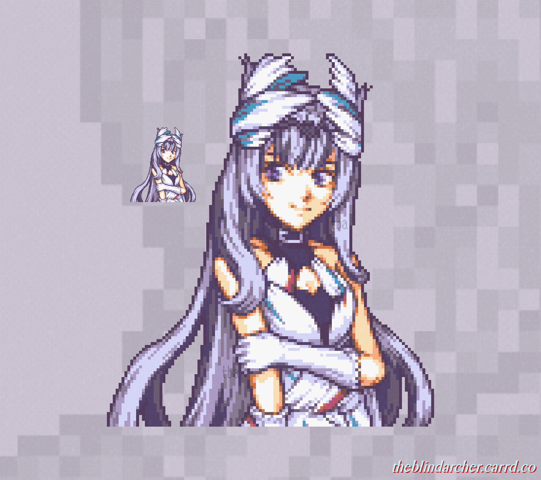 theblindarcher, veyle (fire emblem), fire emblem, fire emblem engage, nintendo, highres, 1girl, black choker, black hair, breasts, choker, cleavage, grey hair, hair ornament, long hair, looking at viewer, multicolored hair, pixel art, purple eyes, small breasts, smile, solo, two-tone hair, very long hair, wavy hair, wing hair ornament