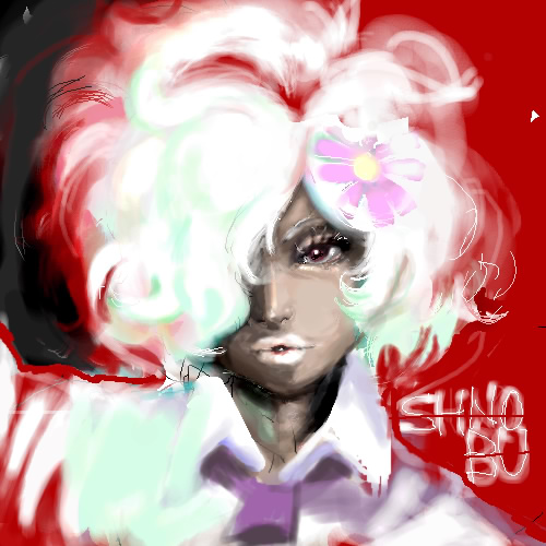 shinobu jacobs, grasshopper manufacture, no more heroes, lowres, dark-skinned female, dark skin, flower, ganguro, gyaru, lipstick, makeup, necktie, oekaki, red eyes, solo, white hair