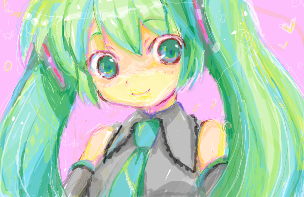 kona, kona (canaria), hatsune miku, vocaloid, bad id, bad pixiv id, 1girl, female focus, green eyes, green hair, matching hair/eyes, necktie, solo, twintails