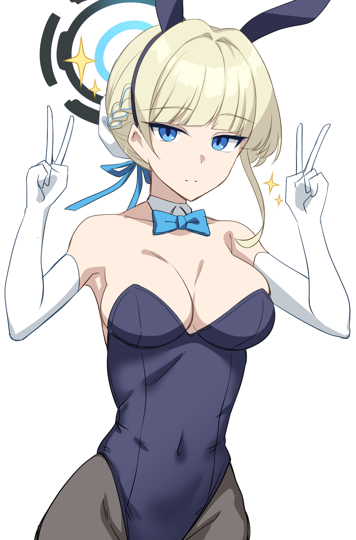garukichi, toki (blue archive), blue archive, highres, 1girl, animal ear hairband, animal ears, black thighhighs, blonde hair, blue bow, blue bowtie, blue eyes, blue halo, blue leotard, bow, bowtie, breasts, bun cover, cleavage, closed mouth, covered navel, double v, elbow gloves, fake animal ears, gloves, hairband, halo, leotard, looking at viewer, medium breasts, playboy bunny, rabbit ear hairband, rabbit ears, simple background, solo, thighhighs, v, white background, white gloves