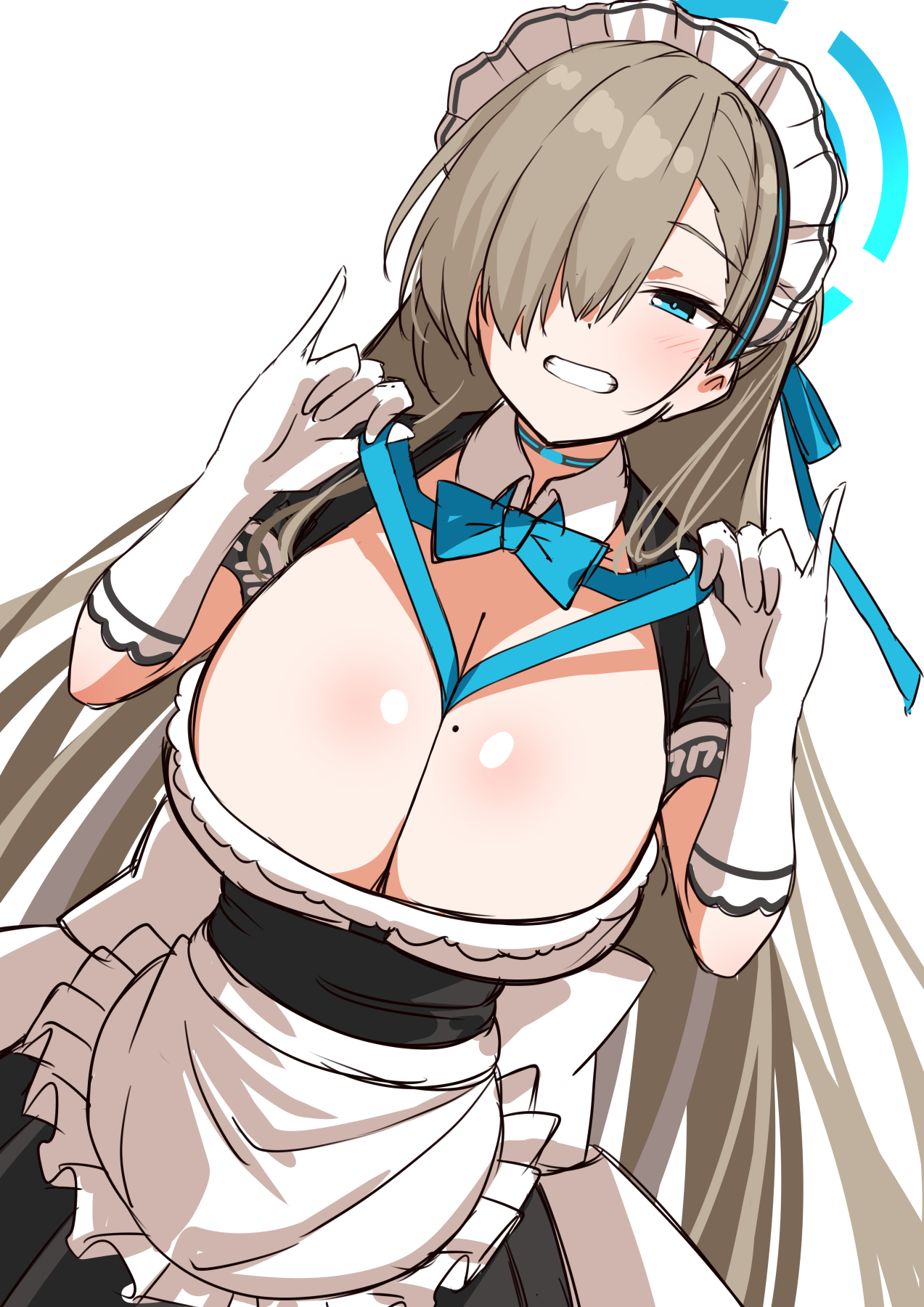 garukichi, asuna (blue archive), blue archive, highres, 1girl, apron, asymmetrical bangs, black dress, blonde hair, blue eyes, blue halo, breasts, cleavage, collar, dress, elbow gloves, gloves, grin, hair over one eye, halo, huge breasts, long hair, looking at viewer, maid, maid headdress, simple background, smile, solo, two-tone dress, very long hair, white background