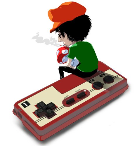 mario, mario (series), nes, nintendo, lowres, 1boy, cigarette, controller, famicom, game console, game controller, male focus, mushroom, smoking, solo, super mushroom