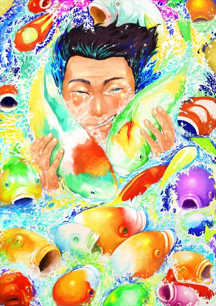 tagme, asphyxiation, blue eyes, drowning, fish, male focus, smile, water