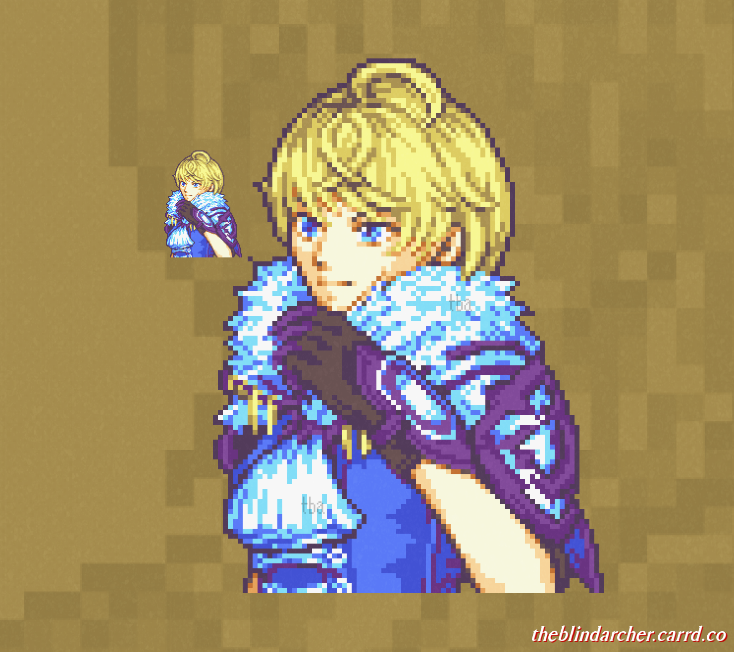 theblindarcher, merrin (fire emblem), fire emblem, fire emblem engage, nintendo, highres, 1girl, ahoge, ascot, blonde hair, blue eyes, blue shirt, breasts, gloves, pelt, pixel art, shirt, short hair, small breasts, smile, solo, white ascot