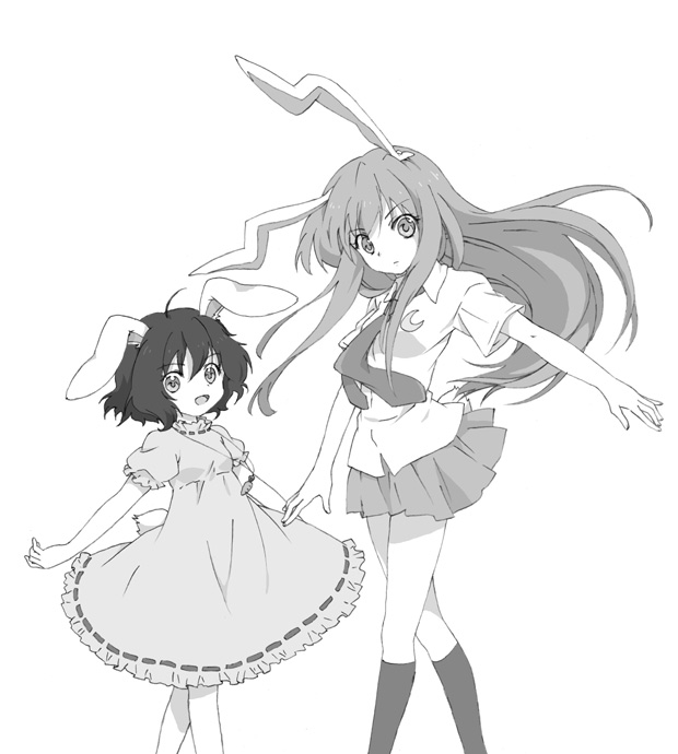 kona, kona (canaria), inaba tewi, reisen udongein inaba, touhou, bad id, bad pixiv id, 2girls, animal ears, female focus, greyscale, monochrome, multiple girls, necktie, rabbit ears, short hair, skirt