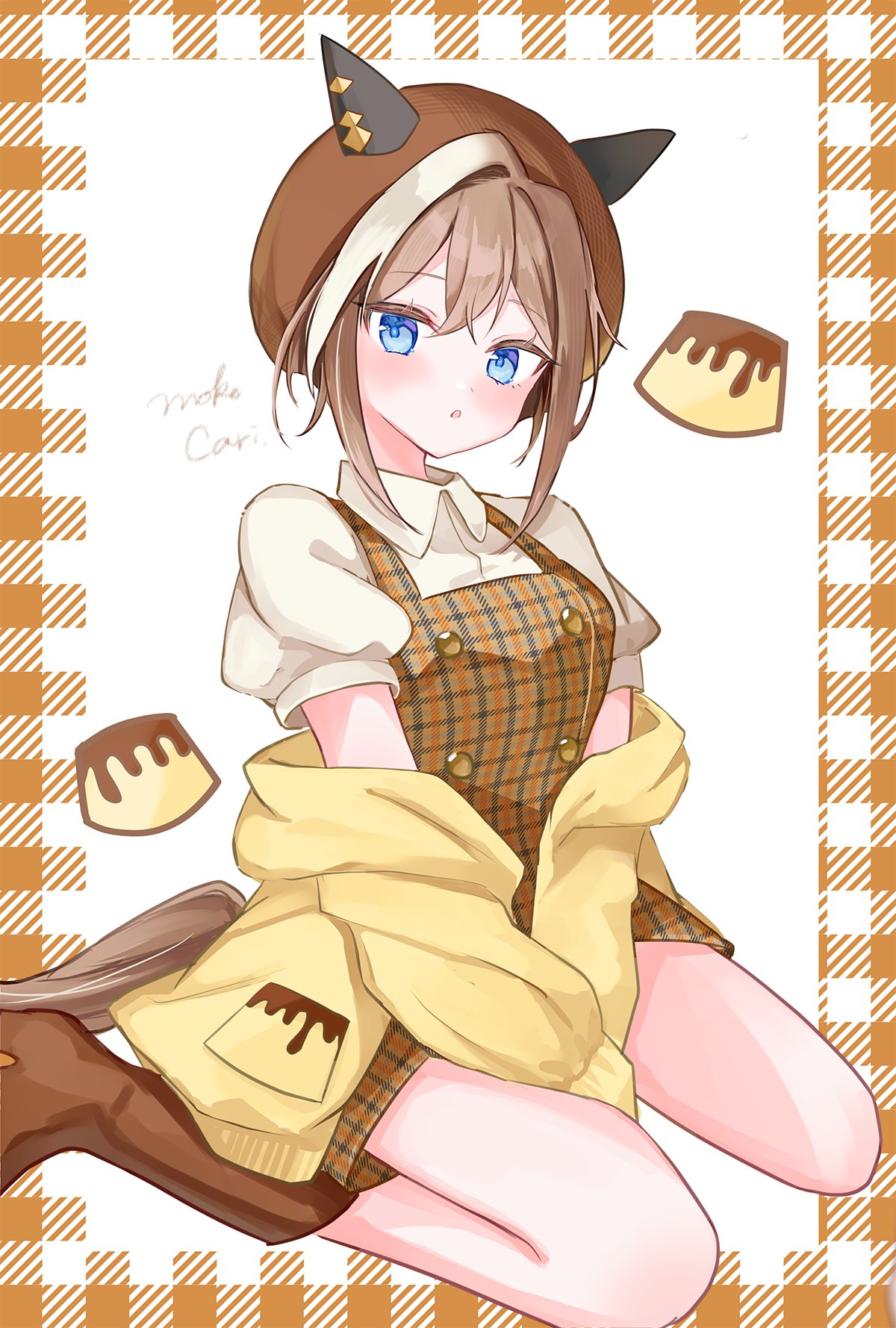 moko (mokochisa), cheval grand (umamusume), umamusume, commentary request, highres, translation request, 1girl, animal ears, blue eyes, boots, brown background, brown boots, brown dress, brown hair, brown hat, collared shirt, dress, ears through headwear, food, hat, horse ears, horse girl, horse tail, jacket, looking at viewer, multicolored hair, pinafore dress, pudding, puffy short sleeves, puffy sleeves, seiza, shirt, short hair with long locks, short sleeves, sitting, sleeveless, sleeveless dress, solo, streaked hair, tail, white hair, white shirt, yellow jacket