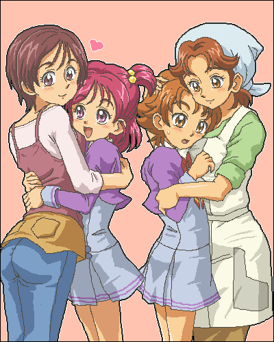 kasuga (kasuga39), natsuki kazuyo, natsuki rin, yumehara megumi, yumehara nozomi, precure, yes! precure 5, lowres, 00s, 4girls, age difference, hair bobbles, hair ornament, happy, heart, hug, jaggy lines, looking at viewer, looking back, mother and daughter, multiple girls, oekaki, onee-loli, simple background, smile, yuri