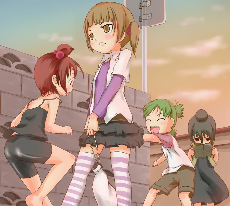 nama (namaiki), koiwai yotsuba, marui futaba, marui hitoha, marui mitsuba, mitsudomoe (manga), yotsubato!, striped legwear, bad id, bad pixiv id, 4girls, bike shorts, brown hair, child, crossover, green hair, hair bobbles, hair bun, hair ornament, hair ribbon, latex, multiple girls, quad tails, raglan sleeves, ribbon, side ponytail, single hair bun, skirt, striped clothes, striped thighhighs, tank top, thighhighs, twintails, zettai ryouiki