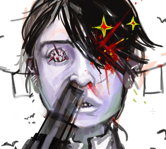 gender request, androgynous, bird, blood, gun, pale skin, solo, spikes, star (symbol), suicide, weapon