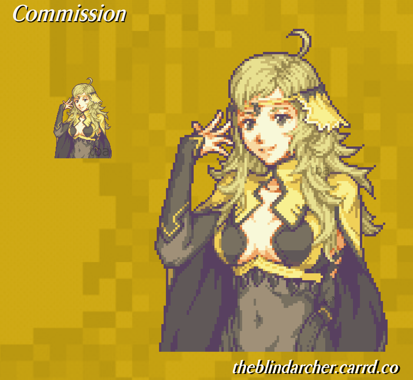 theblindarcher, ophelia (fire emblem), fire emblem, fire emblem fates, nintendo, commission, highres, 1girl, ahoge, blonde hair, bodystocking, breasts, bridal gauntlets, circlet, covered navel, gold cape, grey eyes, long hair, looking at viewer, medium breasts, pixel art, solo