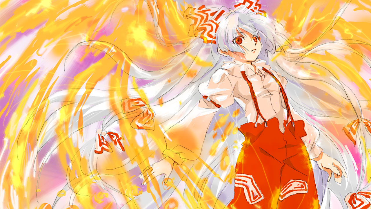 kona, kona (canaria), fujiwara no mokou, touhou, bad id, bad pixiv id, 1girl, female focus, fiery wings, fire, long hair, pants, red eyes, solo, suspenders, white hair, wings