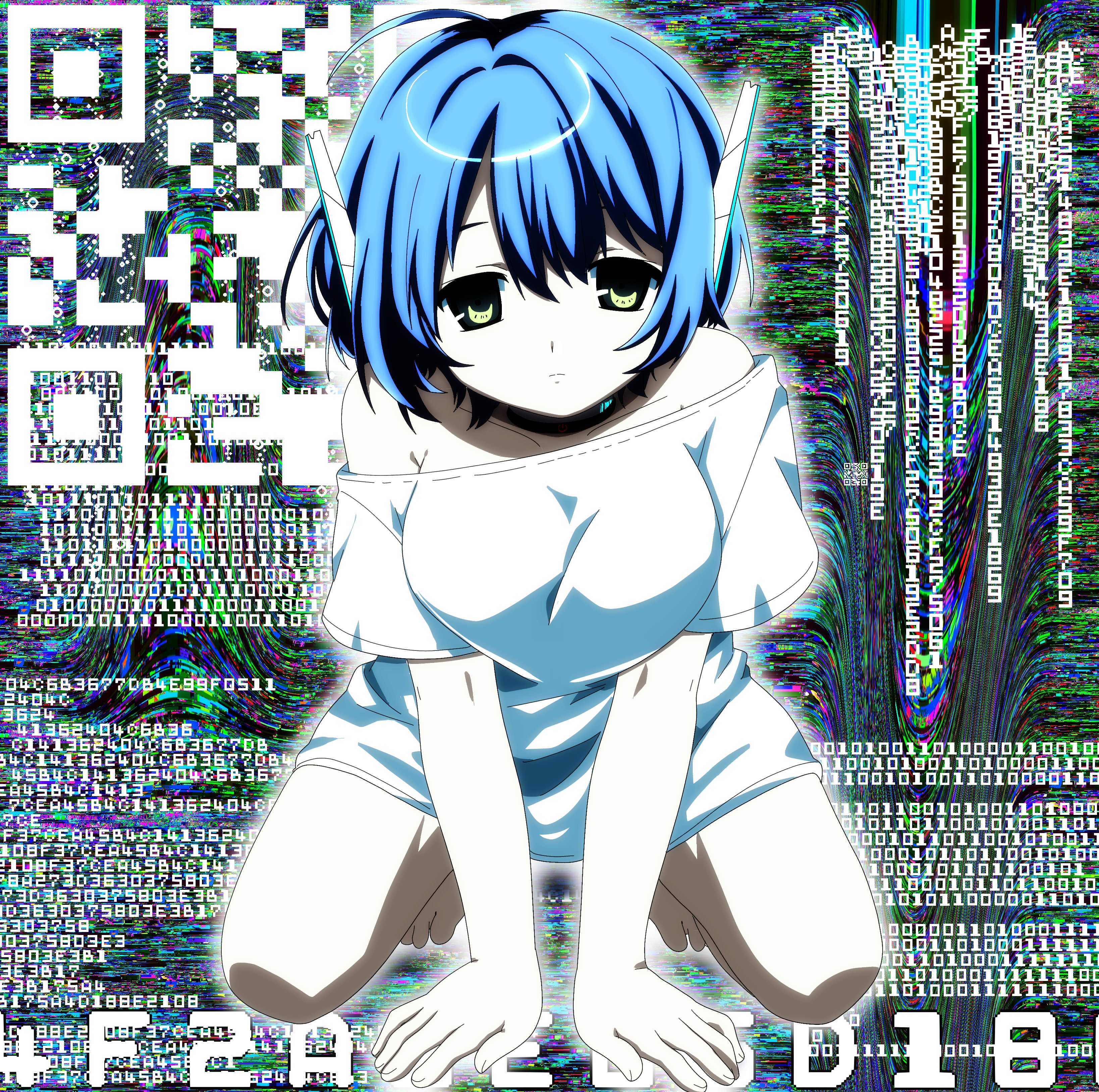 bk (barakoodra), original, absurdres, commission, highres, vgen commission, 1girl, ahoge, barefoot, blue eyes, breasts, green eyes, looking at viewer, pale skin, qr code, shirt, short hair, solo, t-shirt, white shirt