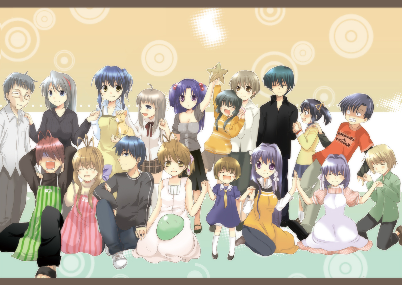kayune niu, kayuumi, niji (nijioki), fujibayashi kyou, fujibayashi ryou, furukawa akio, furukawa nagisa, furukawa sanae, hiiragi kappei, ibuki fuuko, ibuki kouko, ichinose kotomi, miyazawa yukine, okazaki naoyuki, okazaki tomoya, okazaki ushio, sakagami tomoyo, sunohara mei, sunohara youhei, yoshino yuusuke, clannad, dango daikazoku, 00s, 6+boys, 6+girls, antenna hair, bad anatomy, blue eyes, blue hair, blush, brown eyes, brown hair, dango, everyone, food, kindergarten teacher, long hair, multiple boys, multiple girls, poorly drawn, purple eyes, purple hair, short hair, siblings, sisters, twins, wagashi
