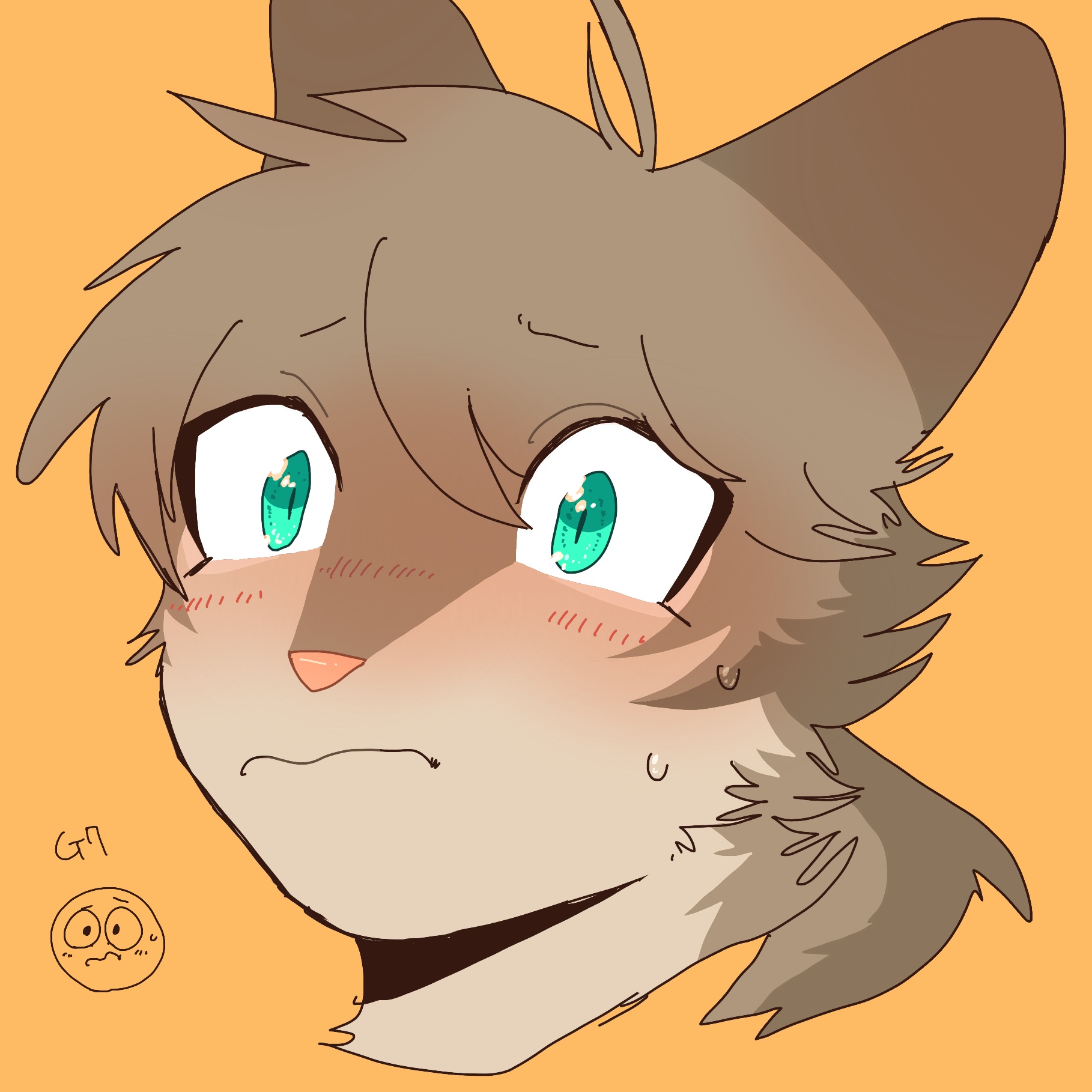 neko gokoro, the prophecies begin, warrior cats, commentary request, highres, animal, animal focus, animal with hair, aqua eyes, blush, cat, cropped head, flustered, no humans, orange background, ponytail, sandstorm (warrior cats), simple background, solo