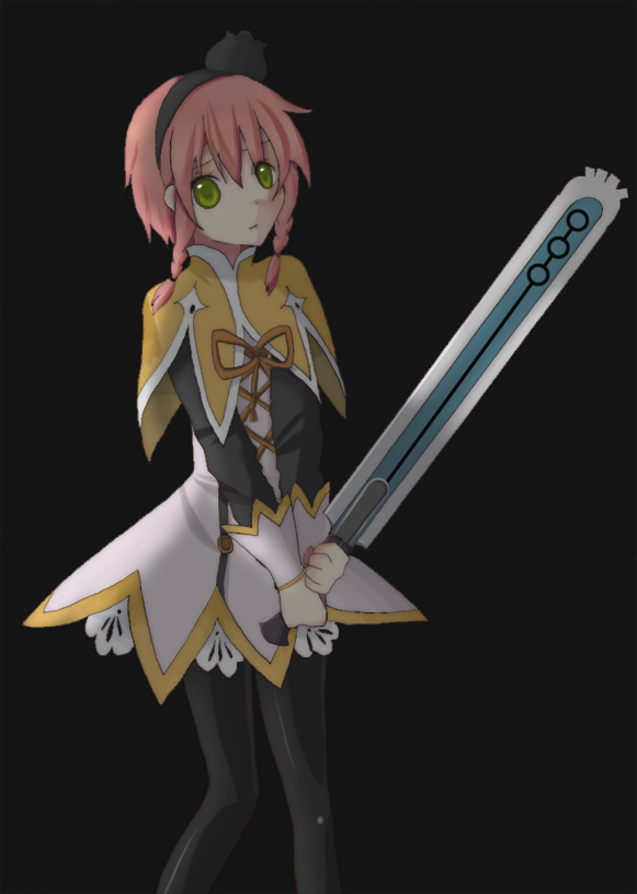 96 (pixiv), pasca kanonno, alfa system, tales of (series), tales of the world, tales of the world radiant mythology, black pantyhose, dress, gloves, green eyes, pantyhose, pink hair, solo, sword, weapon