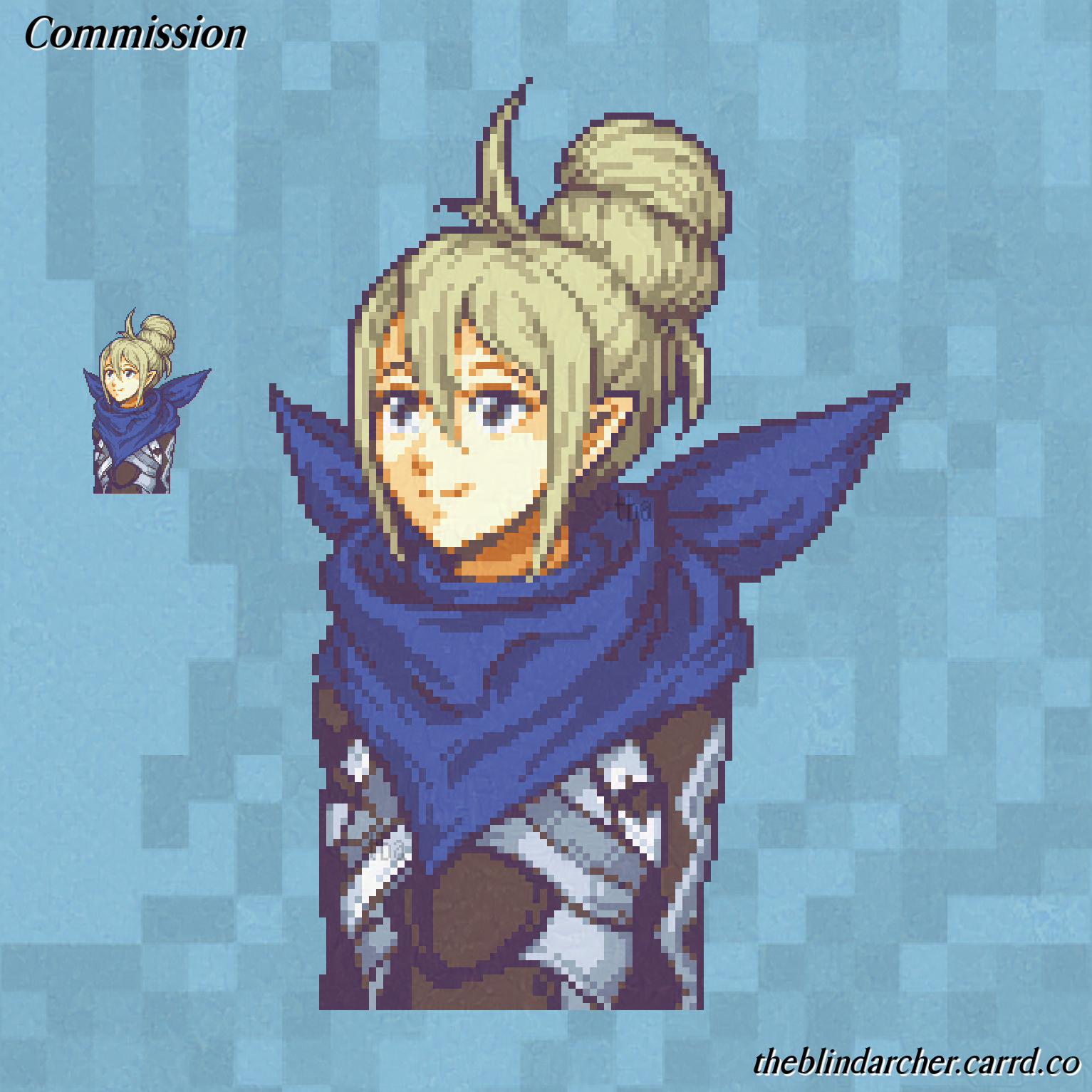 theblindarcher, female kana (fire emblem), fire emblem, fire emblem fates, nintendo, commission, highres, 1girl, bandana, bandana around neck, blue bandana, grey eyes, hair between eyes, hair bun, looking at viewer, pixel art, pointy ears, single hair bun, smile, solo