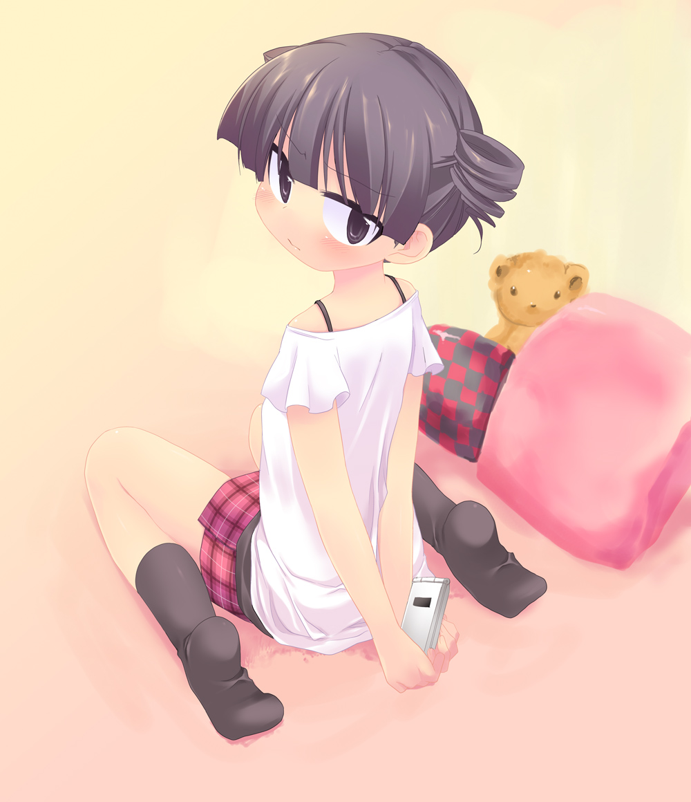 taira kosaka, sugisaki miku, mitsudomoe (manga), bad id, bad pixiv id, 1girl, black eyes, black hair, black socks, blush, cellphone, drill hair, feet, female focus, looking back, phone, pillow, skirt, socks, solo, stuffed animal, stuffed toy, teddy bear