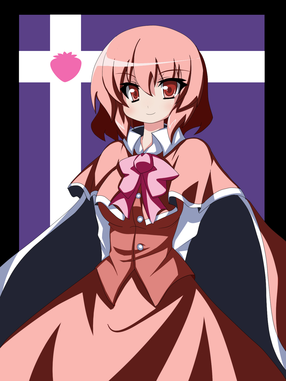 oborotsuki kakeru, okazaki yumemi, phantasmagoria of dim.dream, touhou, touhou (pc-98), highres, 1girl, bow, bowtie, cape, female focus, food, fruit, red eyes, red hair, short hair, solo, strawberry