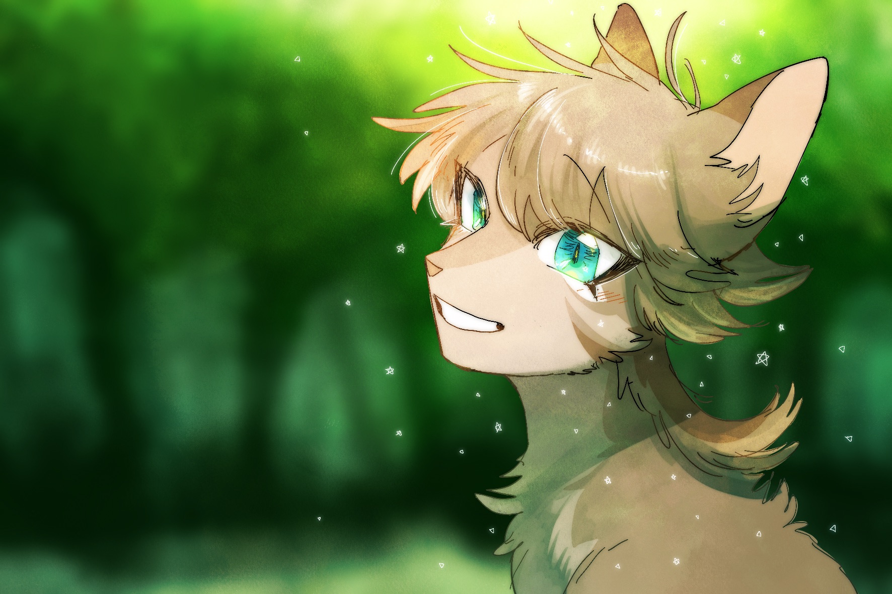 neko gokoro, the prophecies begin, warrior cats, commentary request, highres, animal, animal focus, animal with hair, aqua eyes, blurry, blurry background, cat, grass, grin, happy, looking at viewer, nature, no humans, outdoors, ponytail, sandstorm (warrior cats), smile, solo, tree, upper body