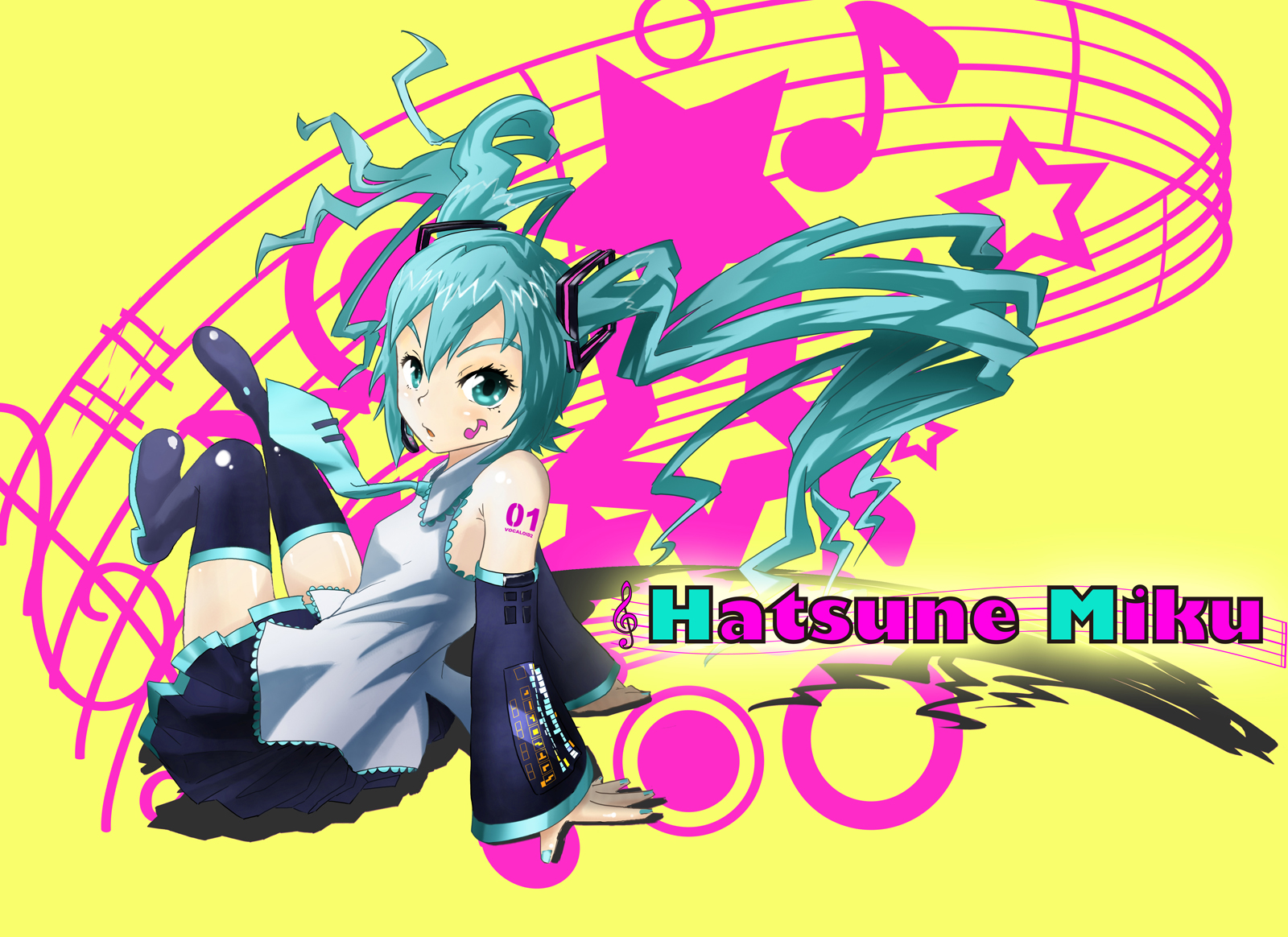 bun150, bun (pixiv434249), hatsune miku, vocaloid, bad id, bad pixiv id, highres, aqua eyes, aqua hair, arm support, detached sleeves, long hair, musical note, necktie, sitting, skirt, solo, thighhighs, twintails