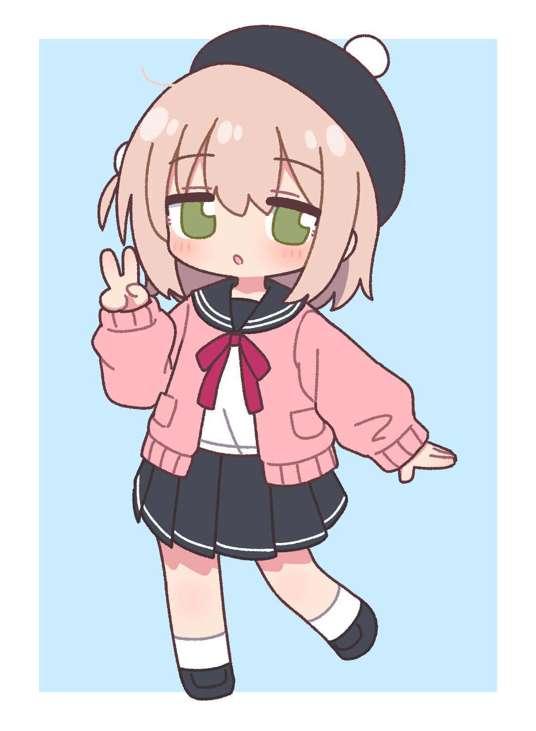 naga u, original, highres, 1boy, :o, beret, black hat, black sailor collar, black shoes, black skirt, blue background, blush, border, brown hair, cardigan, chibi, crossdressing, crossdressing (mtf), full body, green eyes, hand up, hat, long sleeves, looking at viewer, male focus, medium hair, miniskirt, neck ribbon, one side up, open cardigan, open clothes, open mouth, outside border, pink cardigan, pleated skirt, pom pom hat ornament, puffy long sleeves, puffy sleeves, purple ribbon, ribbon, sailor collar, school uniform, serafuku, shirt, shoes, simple background, skirt, sleeves past wrists, socks, solo, standing, suama-kun (naga u), trap, v, white border, white shirt, white socks